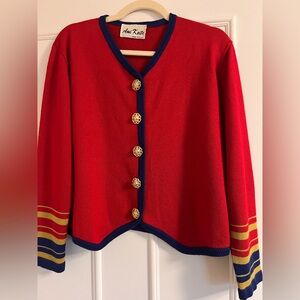 Red V-Neck Cardigan with Navy Trim and Gold Buttons